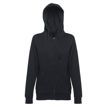 THC AMSTERDAM WOMEN promotional hoodie in black (detail view) with custom logo branding
