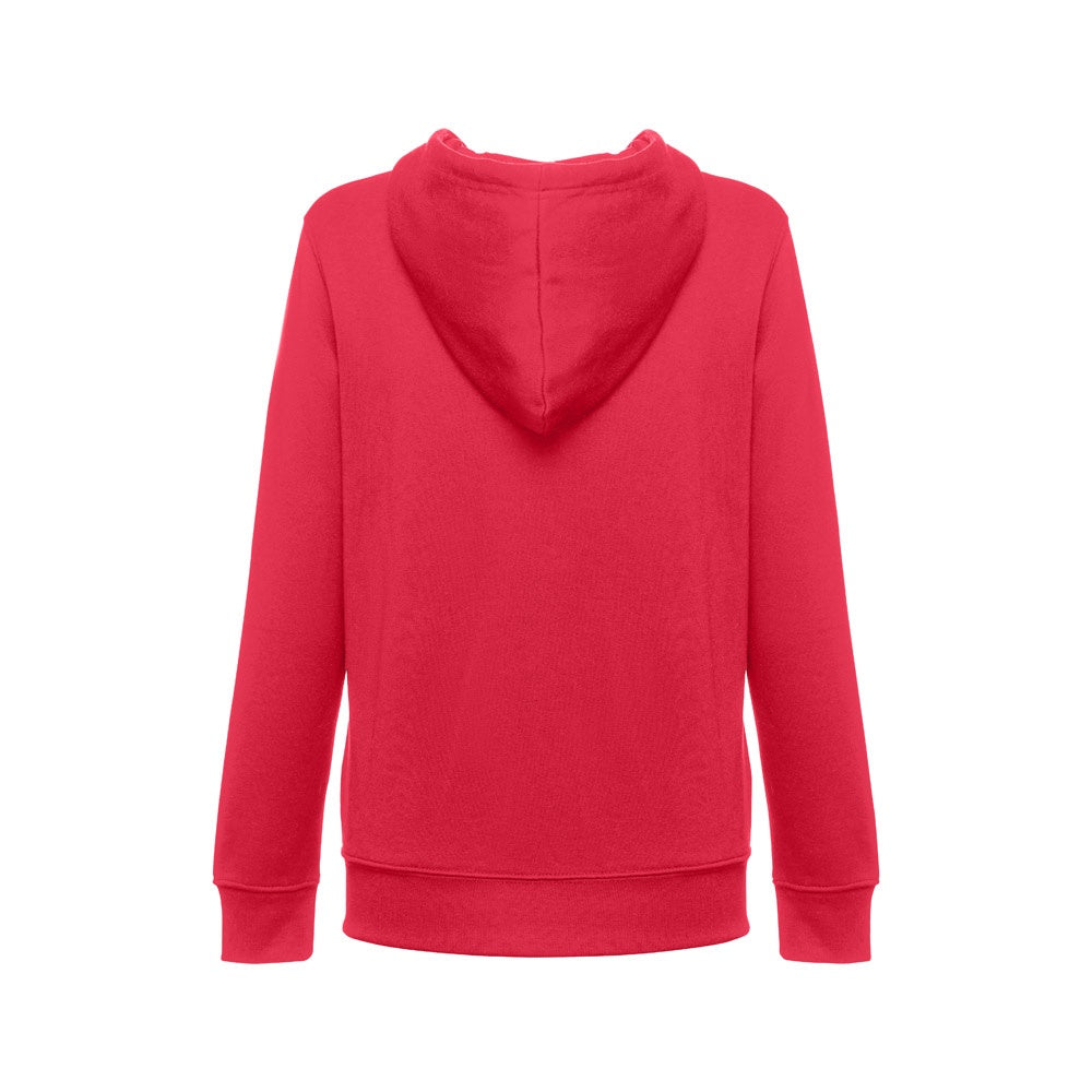 THC AMSTERDAM WOMEN promotional hoodie in red (detail view) with custom logo branding
