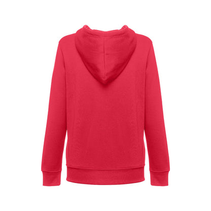 THC AMSTERDAM WOMEN promotional hoodie in red (detail view) with custom logo branding