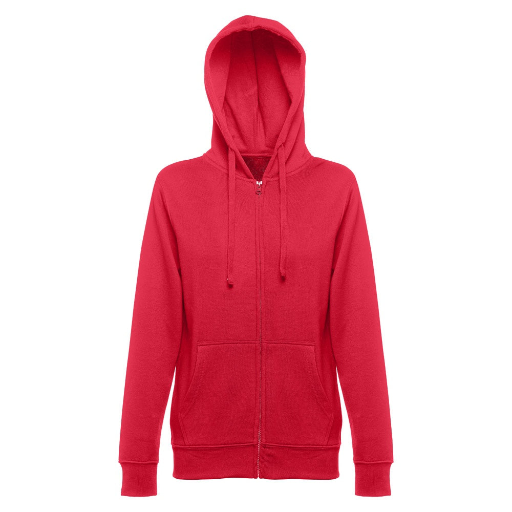 THC AMSTERDAM WOMEN promotional hoodie in red (detail view) with custom logo branding