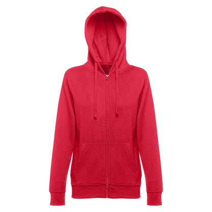 THC AMSTERDAM WOMEN promotional hoodie in red (detail view) with custom logo branding