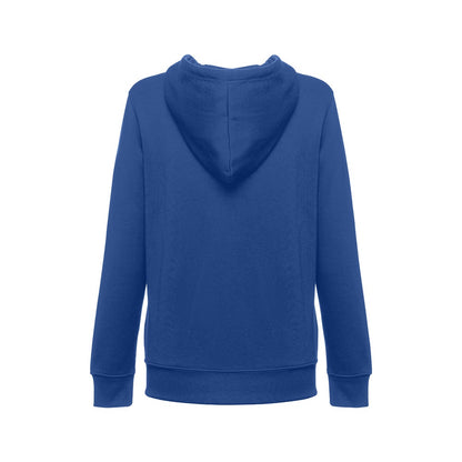 THC AMSTERDAM WOMEN promotional hoodie in royal blue (detail view) with custom logo branding