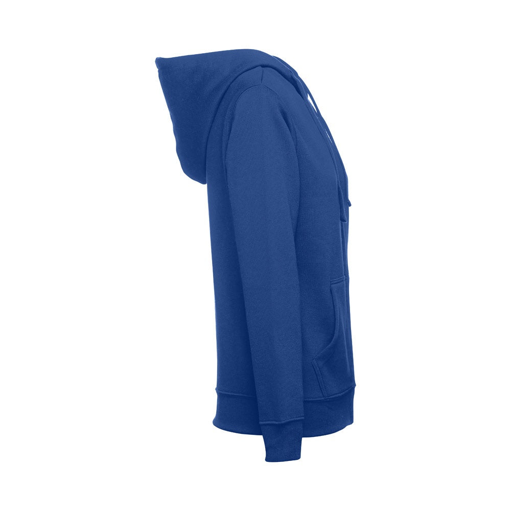 THC AMSTERDAM WOMEN promotional hoodie in royal blue (detail view) with custom logo branding