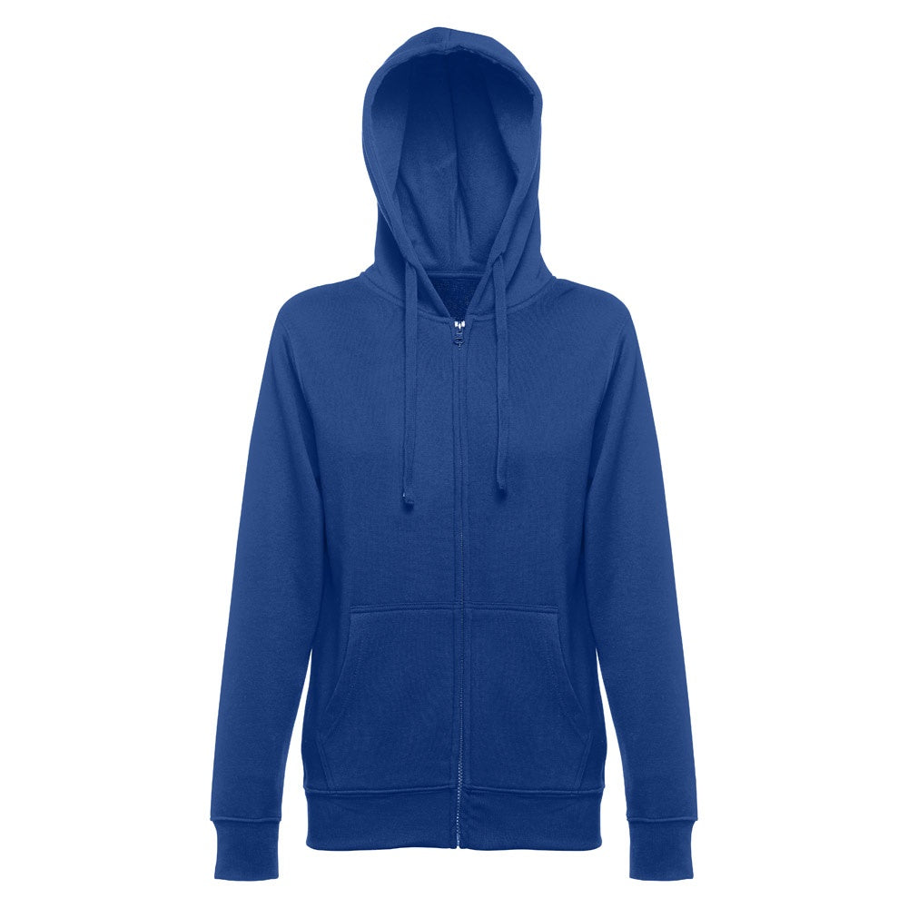 THC AMSTERDAM WOMEN promotional hoodie in royal blue (detail view) with custom logo branding