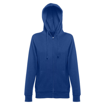THC AMSTERDAM WOMEN promotional hoodie in royal blue (detail view) with custom logo branding