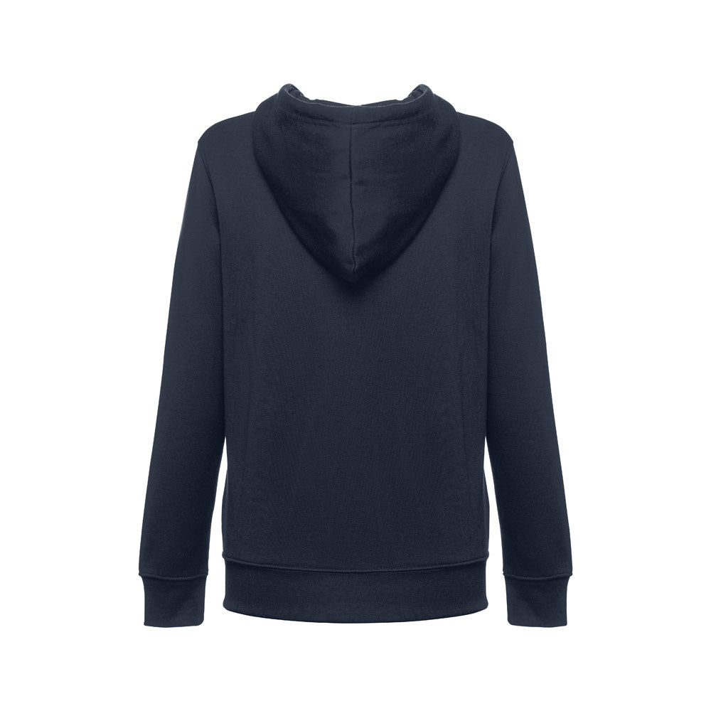 THC AMSTERDAM WOMEN promotional hoodie in navy blue (detail view) with custom logo branding