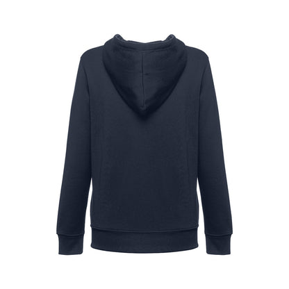 THC AMSTERDAM WOMEN promotional hoodie in navy blue (detail view) with custom logo branding