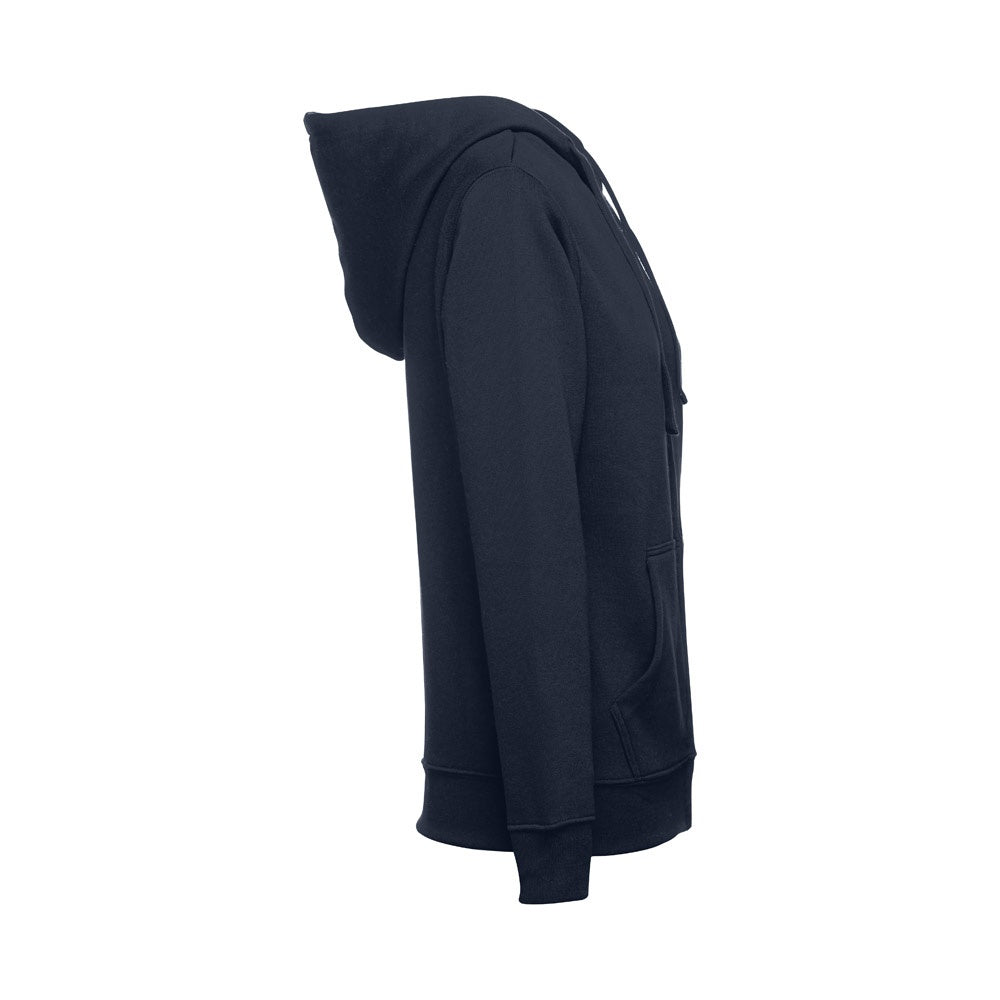 THC AMSTERDAM WOMEN promotional hoodie in navy blue (detail view) with custom logo branding