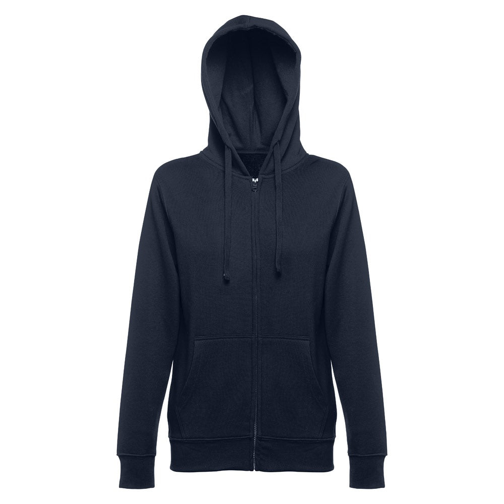 THC AMSTERDAM WOMEN promotional hoodie in navy blue (detail view) with custom logo branding