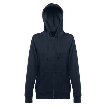 THC AMSTERDAM WOMEN promotional hoodie in navy blue (detail view) with custom logo branding