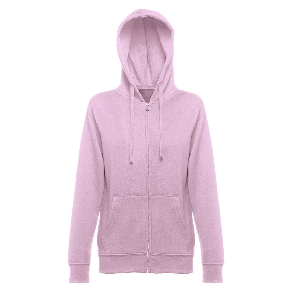 THC AMSTERDAM WOMEN promotional hoodie in lilac (detail view) with custom logo branding