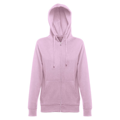 THC AMSTERDAM WOMEN promotional hoodie in lilac (detail view) with custom logo branding