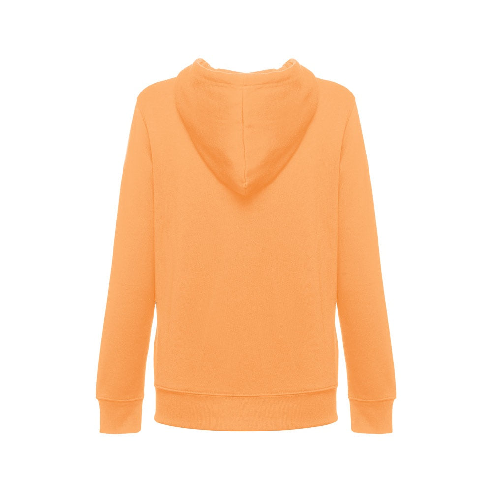 THC AMSTERDAM WOMEN promotional hoodie in coral orange (detail view) with custom logo branding