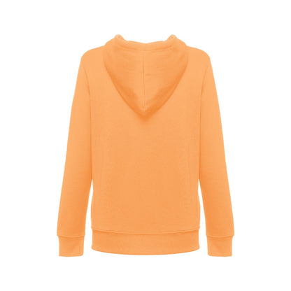 THC AMSTERDAM WOMEN promotional hoodie in coral orange (detail view) with custom logo branding