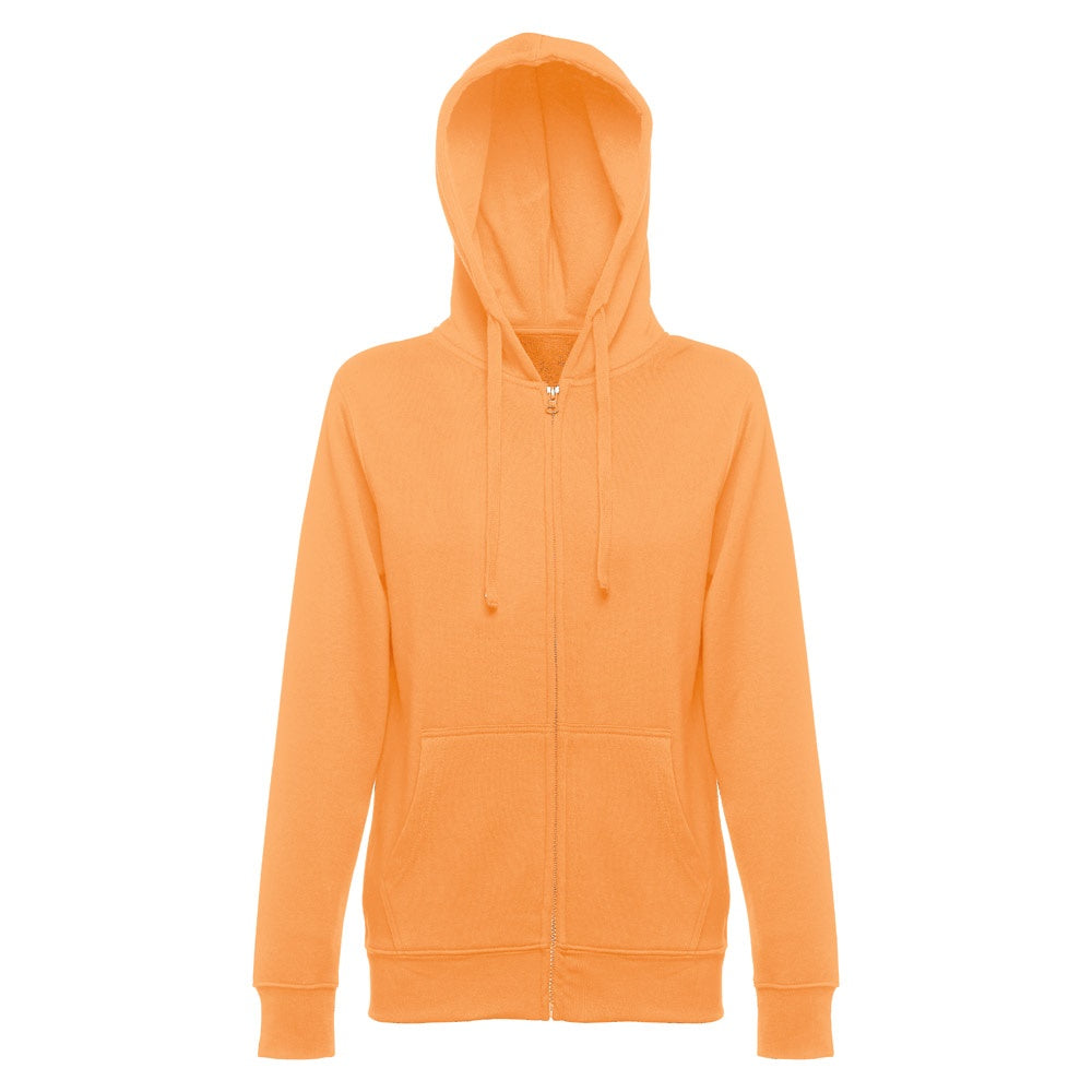 THC AMSTERDAM WOMEN promotional hoodie in coral orange (detail view) with custom logo branding