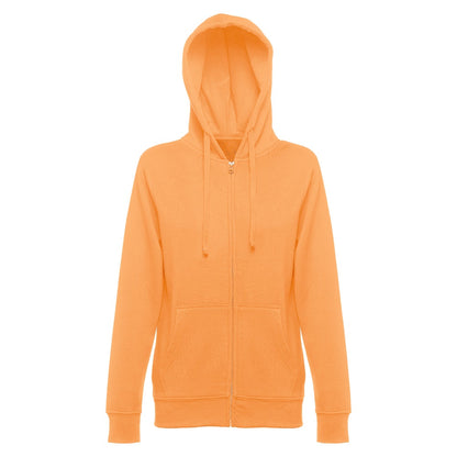 THC AMSTERDAM WOMEN promotional hoodie in coral orange (detail view) with custom logo branding