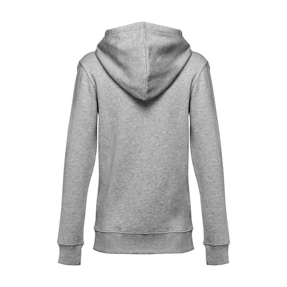 THC AMSTERDAM WOMEN promotional hoodie in heather light grey (detail view) with custom logo branding