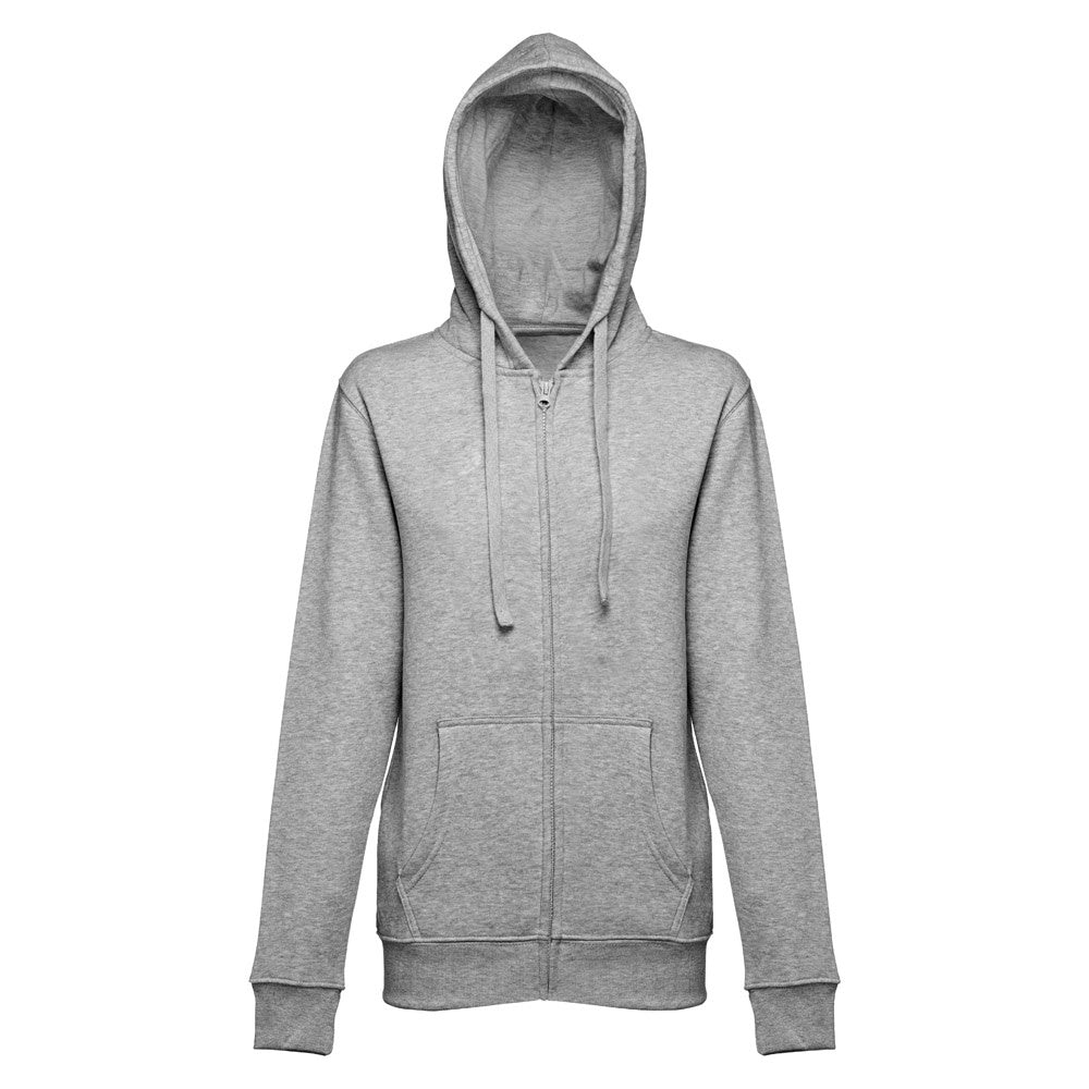 THC AMSTERDAM WOMEN promotional hoodie in heather light grey (detail view) with custom logo branding