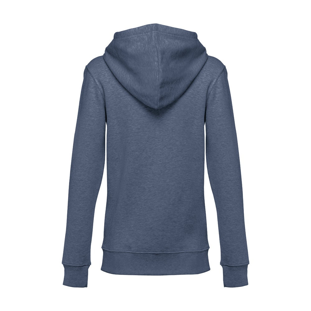 THC AMSTERDAM WOMEN promotional hoodie in heather blue (detail view) with custom logo branding