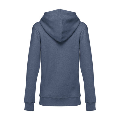 THC AMSTERDAM WOMEN promotional hoodie in heather blue (detail view) with custom logo branding