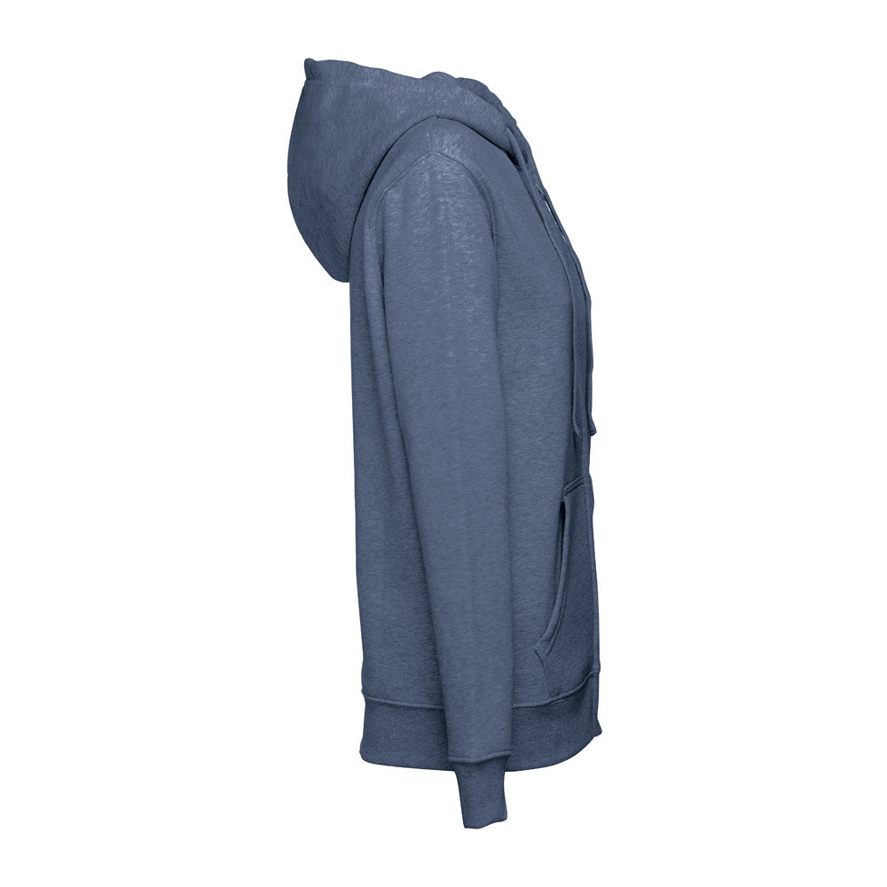 THC AMSTERDAM WOMEN promotional hoodie in heather blue (detail view) with custom logo branding