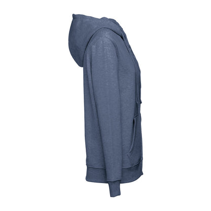 THC AMSTERDAM WOMEN promotional hoodie in heather blue (detail view) with custom logo branding