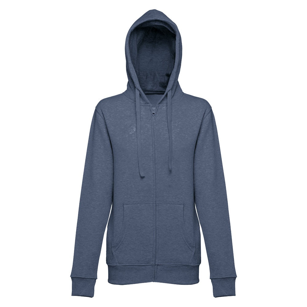 THC AMSTERDAM WOMEN promotional hoodie in heather blue (detail view) with custom logo branding