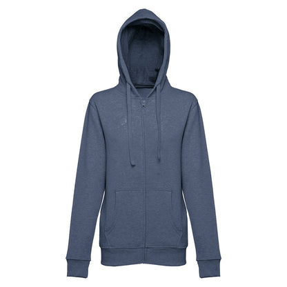 THC AMSTERDAM WOMEN promotional hoodie in heather blue (detail view) with custom logo branding