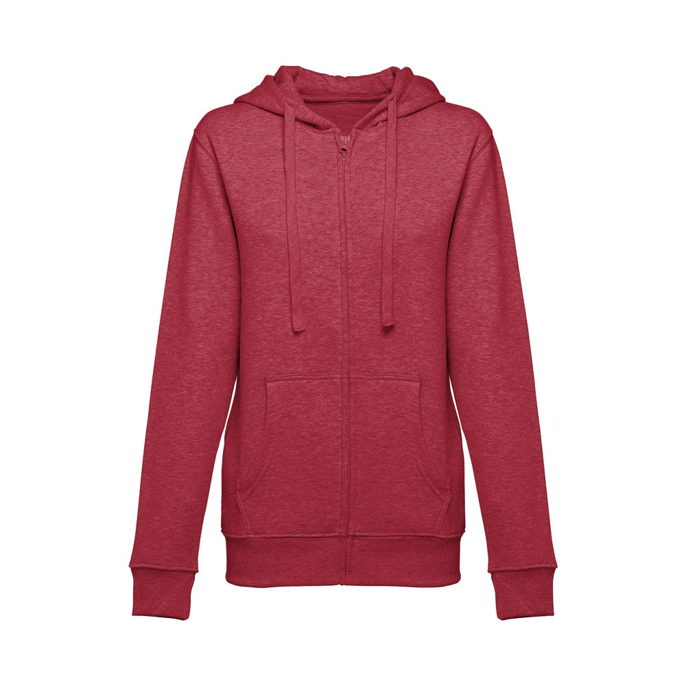 THC AMSTERDAM WOMEN promotional hoodie in heather red (detail view) with custom logo branding