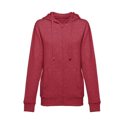 THC AMSTERDAM WOMEN promotional hoodie in heather red (detail view) with custom logo branding