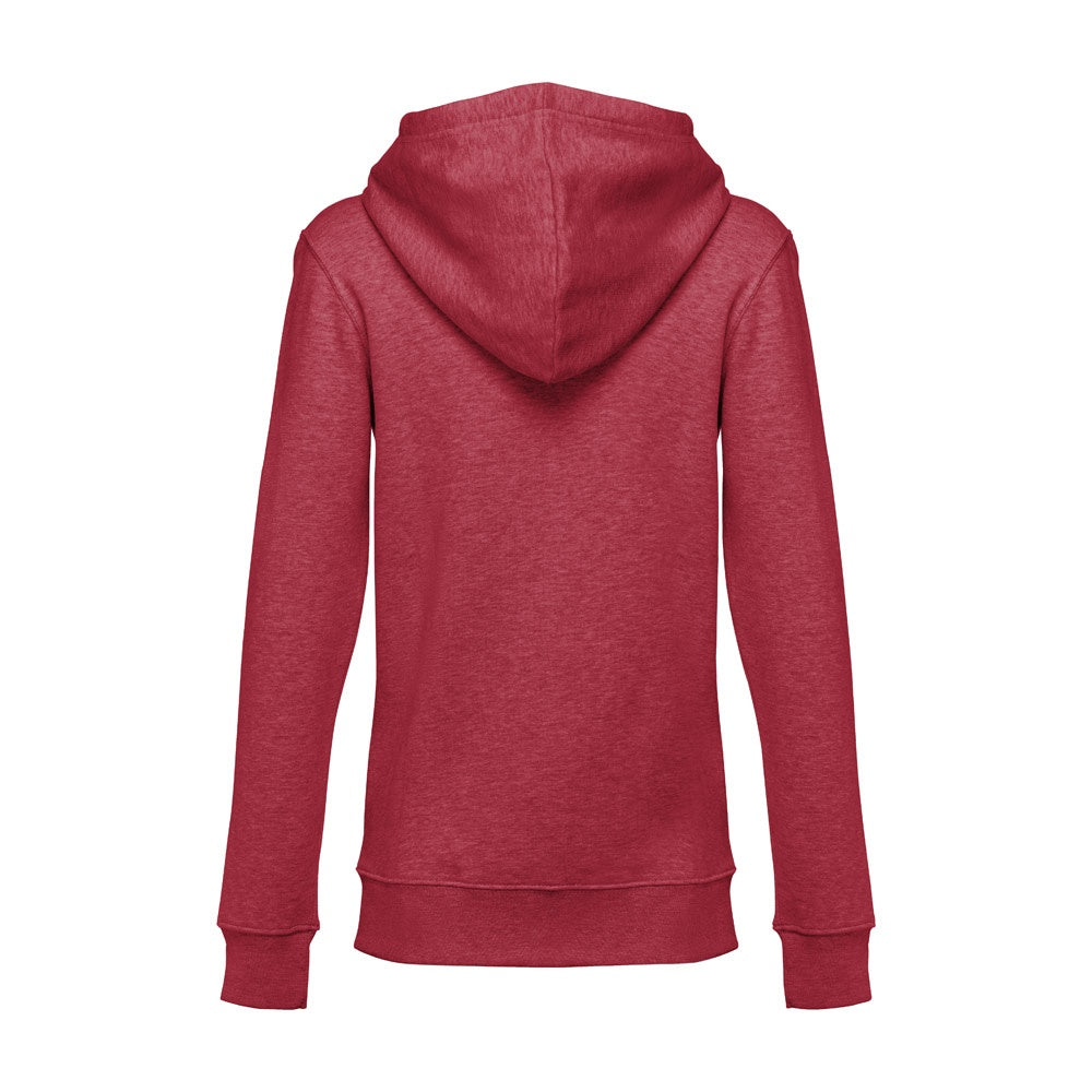 THC AMSTERDAM WOMEN promotional hoodie in heather red (detail view) with custom logo branding