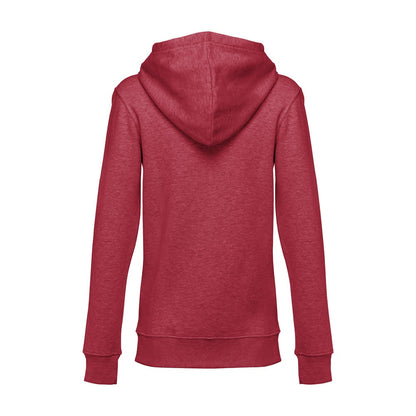 THC AMSTERDAM WOMEN promotional hoodie in heather red (detail view) with custom logo branding