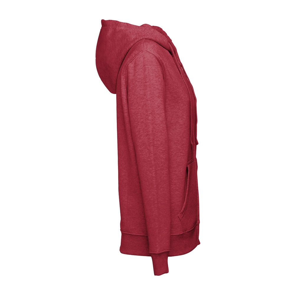 THC AMSTERDAM WOMEN promotional hoodie in heather red (detail view) with custom logo branding