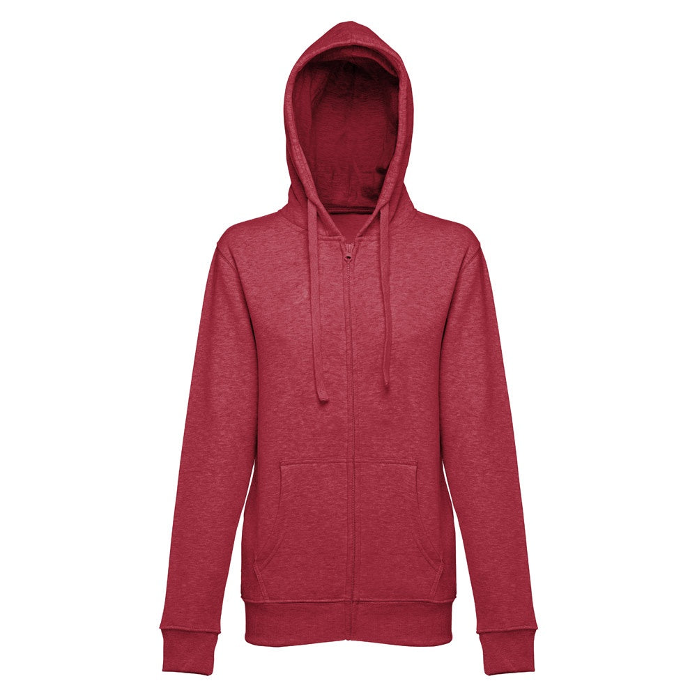 THC AMSTERDAM WOMEN promotional hoodie in heather red (detail view) with custom logo branding
