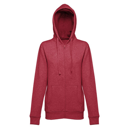 THC AMSTERDAM WOMEN promotional hoodie in heather red (detail view) with custom logo branding