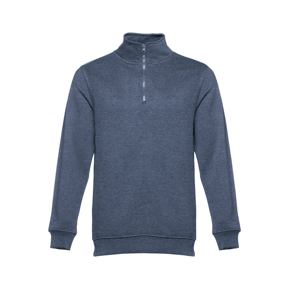 THC BUDAPEST promotional sweatshirt in heather blue (detail view) with custom logo branding