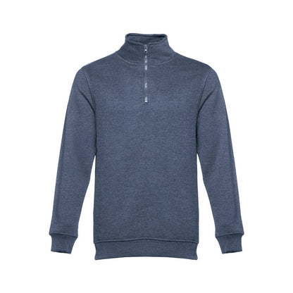 THC BUDAPEST promotional sweatshirt in heather blue (detail view) with custom logo branding