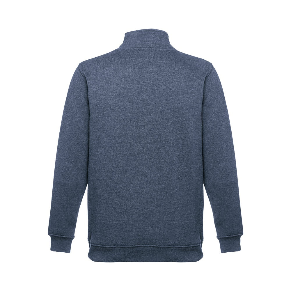 THC BUDAPEST promotional sweatshirt in heather blue (detail view) with custom logo branding