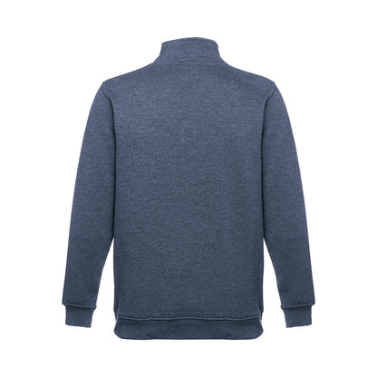 THC BUDAPEST promotional sweatshirt in heather blue (detail view) with custom logo branding