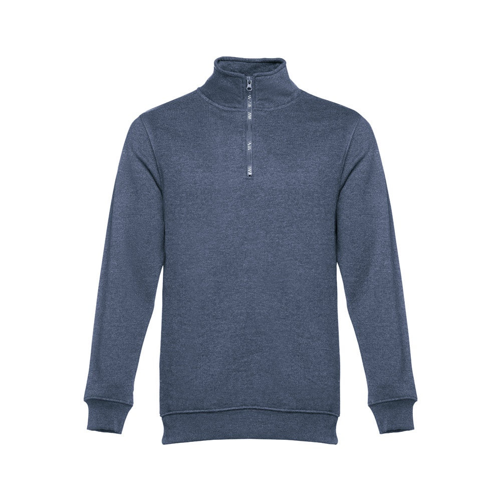 THC BUDAPEST promotional sweatshirt in heather blue with custom logo branding