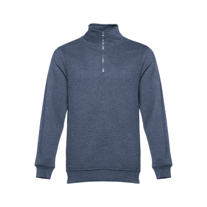 THC BUDAPEST promotional sweatshirt in heather blue with custom logo branding