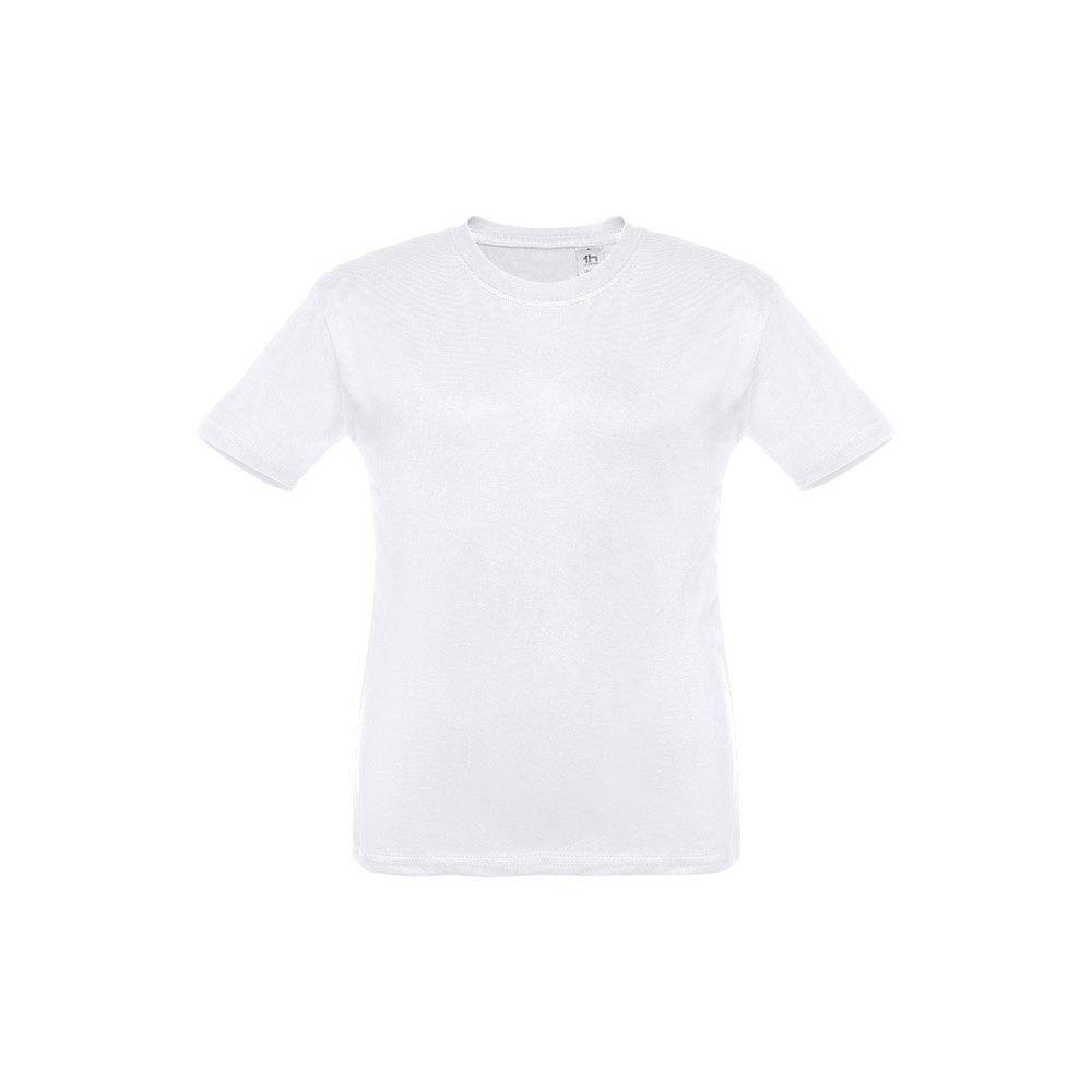 THC QUITO WH promotional kids' garment in white (detail view) with custom logo branding