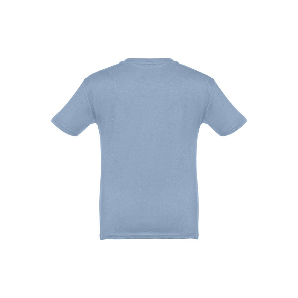 THC QUITO promotional kids' garment in pastel blue (detail view) with custom logo branding