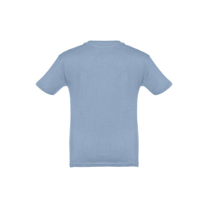 THC QUITO promotional kids' garment in pastel blue (detail view) with custom logo branding