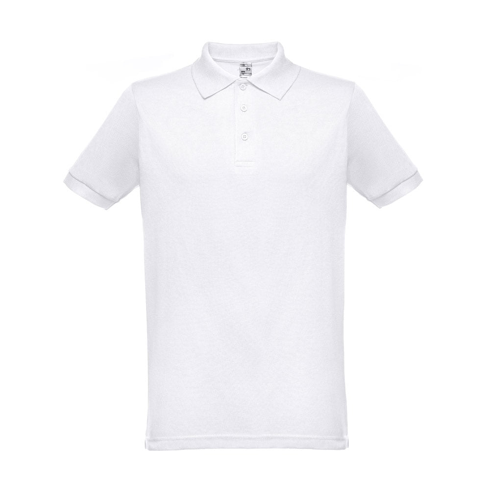 THC BERLIN WH promotional polo shirt in white (detail view) with custom logo branding