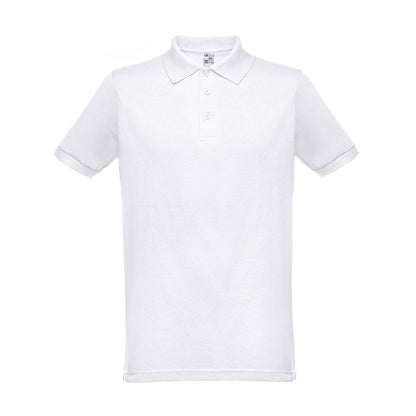 THC BERLIN WH promotional polo shirt in white (detail view) with custom logo branding