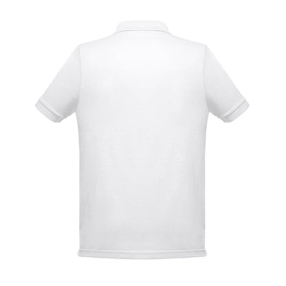 THC BERLIN WH promotional polo shirt in white (detail view) with custom logo branding