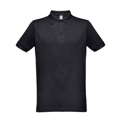 THC BERLIN promotional polo shirt in black (detail view) with custom logo branding