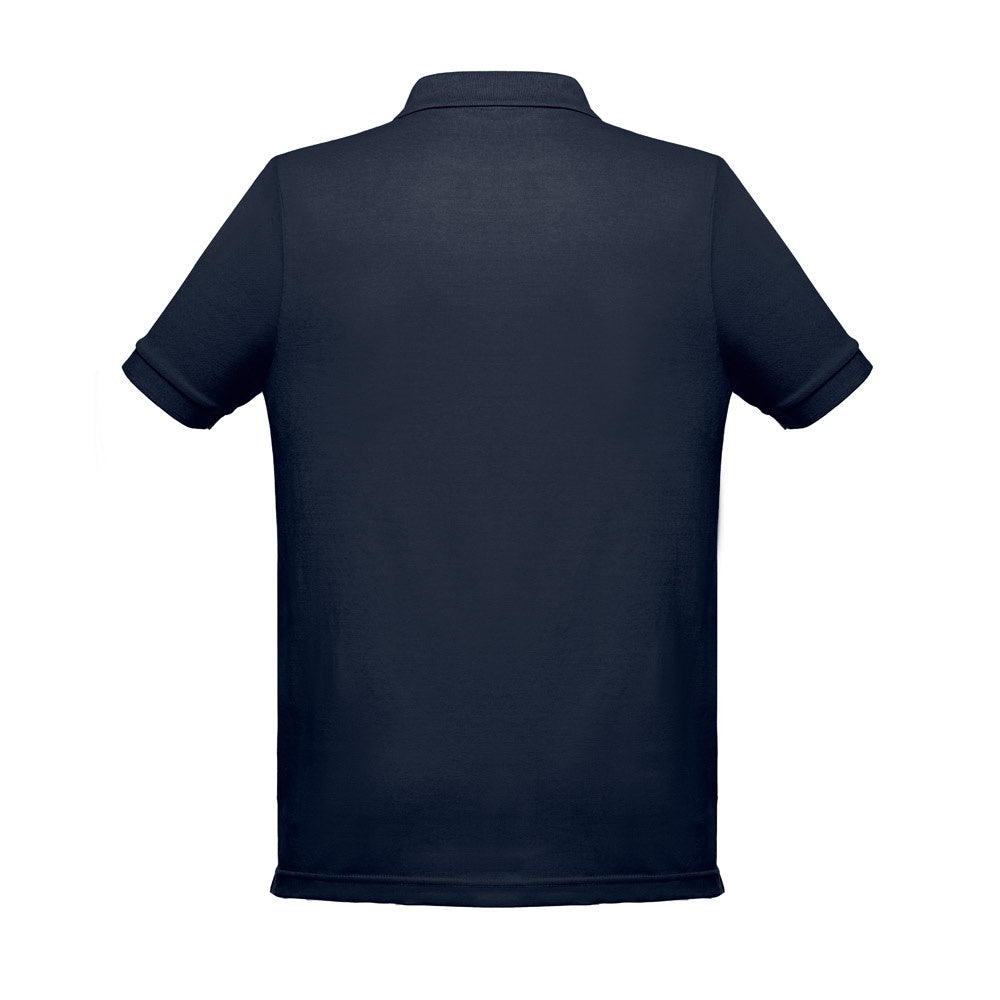 THC BERLIN promotional polo shirt in blue (detail view) with custom logo branding