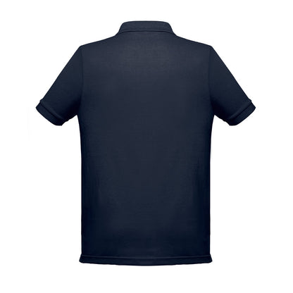 THC BERLIN promotional polo shirt in blue (detail view) with custom logo branding
